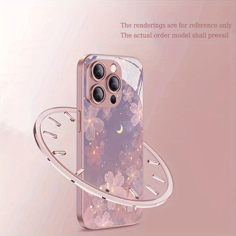 Cherry Blossom Star Pattern Metallic Paint Glass Hard Phone Case For iPhone 17Air 17 16 Pro Max 14 15 Plus 11 12 13 16E Cover