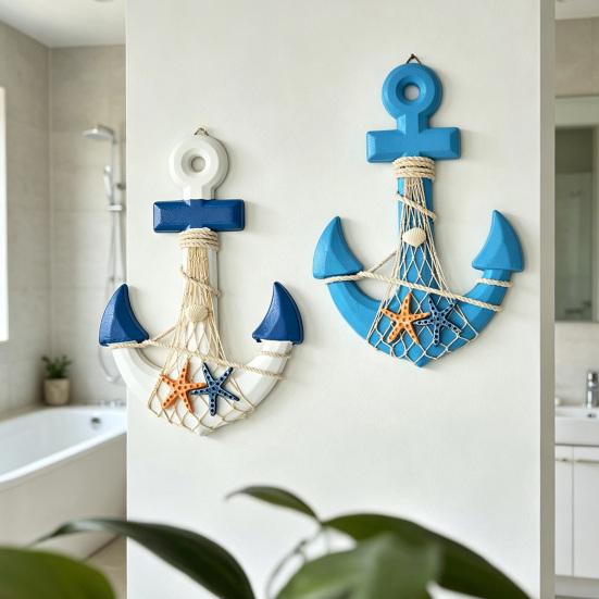 13" Nautical Wooden Wall Art with Hemp Rope Coastal Beach Theme Wall Hanging Ornament with Shells Starfishes for Home Bathroom Living Room Bedroom