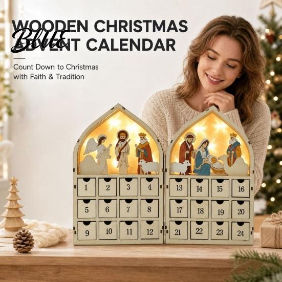 Advent Calendar with Drawers 24 Days Wooden Nativity LED Lights Foldable Christmas Countdown Boxwood Keepsake Gift Calendar House Shape Surprise