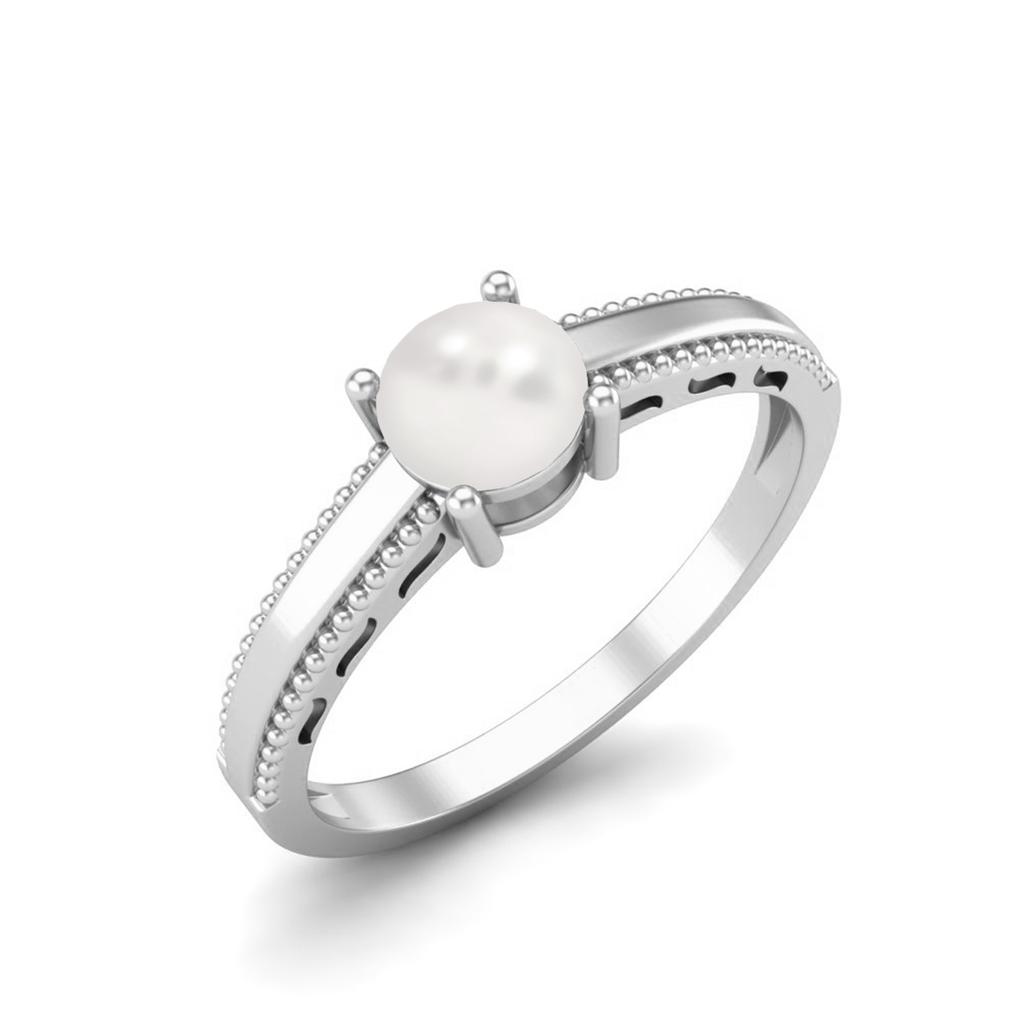 925 Sterling Silver 0.50 Cts Round Pearl Solitaire Beaded Shank Anniversary Women Ring