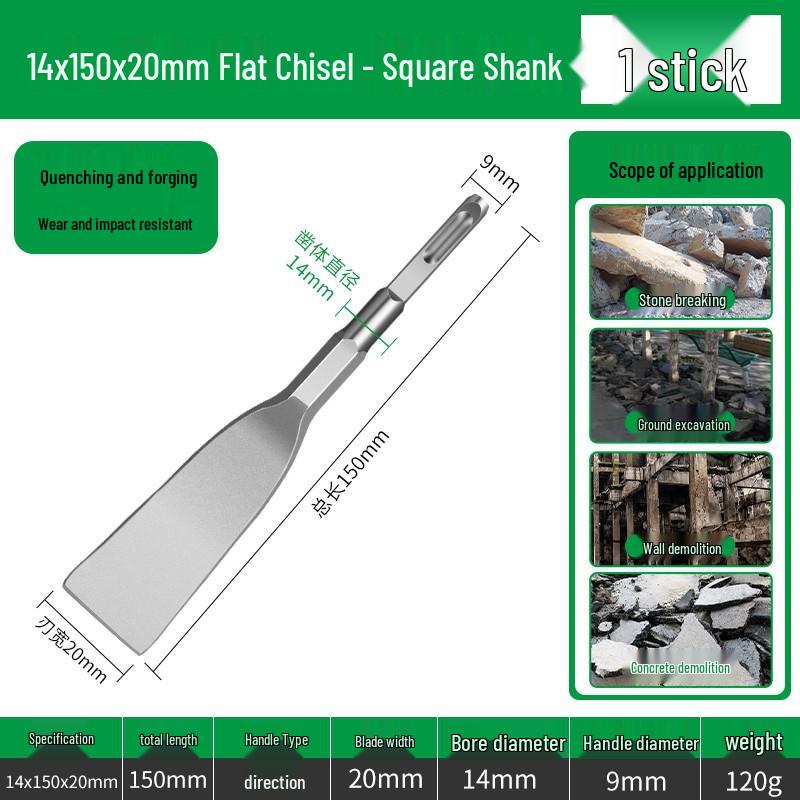 Electric Hammer Drill Bit Set: Square/Round/Hex Shanks, Ultra-Thin Flat/Point Chisel, Shovel, Slotted Wall-Cutting Chisel Head.