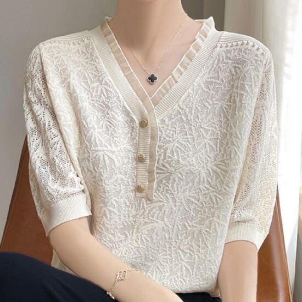 Navava Women Thin Flower Lace Short Sleeve Knit Nk3007