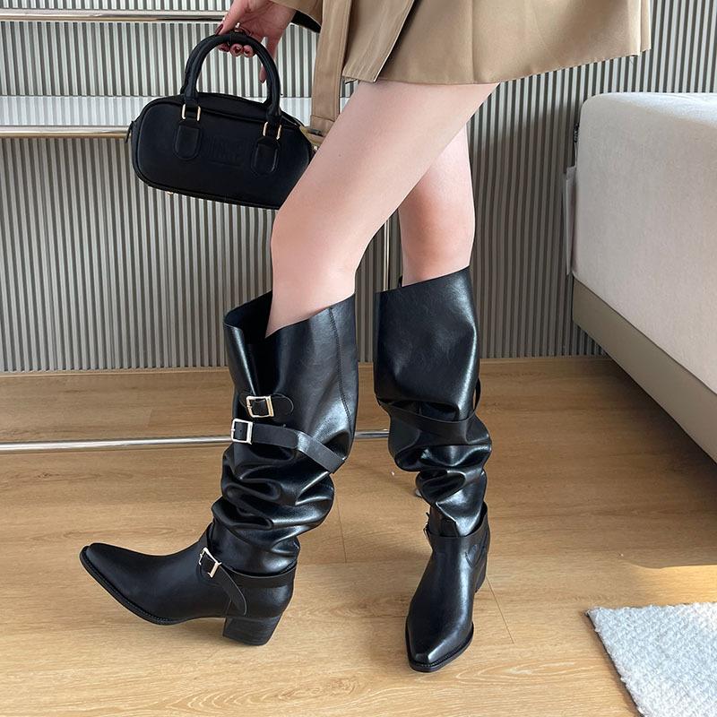 Maillard Pile Boots WoLong Boots Autumn Winter Pointed Head Thick Heel Two Wear Belt Buckle Knight Boots High Boots