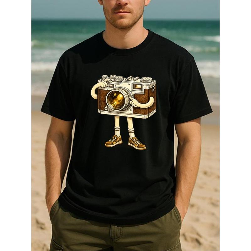 Adorable All-Season T-Shirt for Photography Lovers Featuring a Personified Vintage Camera Design, Perfect for Men, with a Stylish Round Neck