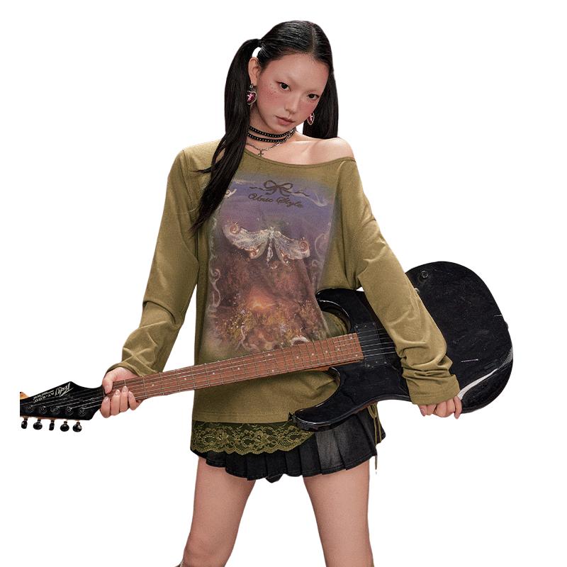 UNIFREE Women s Cat Print Lace Patchwork Long Sleeve T-Shirt L