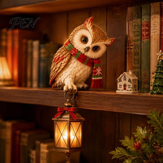 Office Desk Ornament Christmas Owl Figurine with LED Lantern, Resin Decorative Animal Sculpture, Unique Tabletop Craft Holiday for Living Room Bedroom
