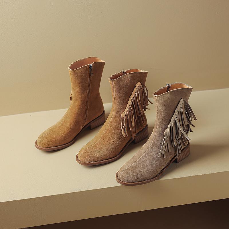 Krazing Pot Cow Suede Nubuck Autumn Winter Shoes Med Heels Size 42 Modern Boots Round Toe Zipper Tassel Ankle Boots