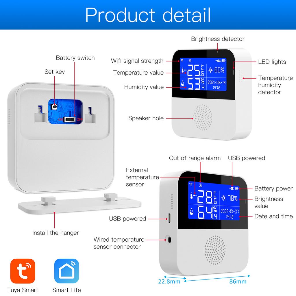 USB Powered Tuya WIFI Temperature and Humidity Sensor Indoor Hygrometer Thermometer with 2.9-inch LCD Display Screen