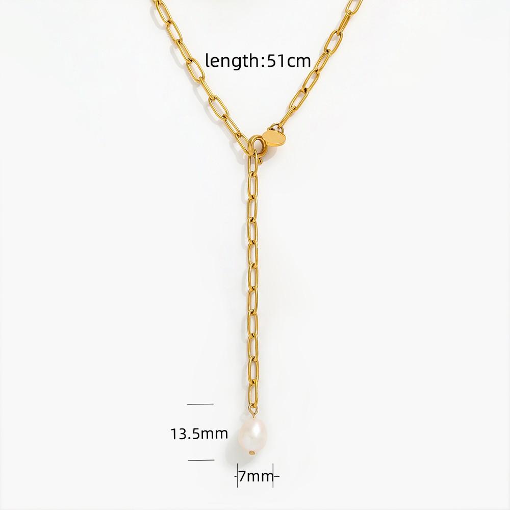 Fenny Elegant Tassel Freshwater Pearl Pendant Y-shaped Pin Link Chain Necklace 18K Gold Plated Stainless Steel Jewelry
