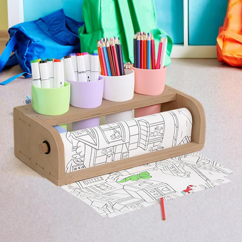 Drawing Paper Roll Holder Art Painting Paper Roll Stand With Pencil Holder Cups Wooden Parchment Dispenser Drawing Art Supplies