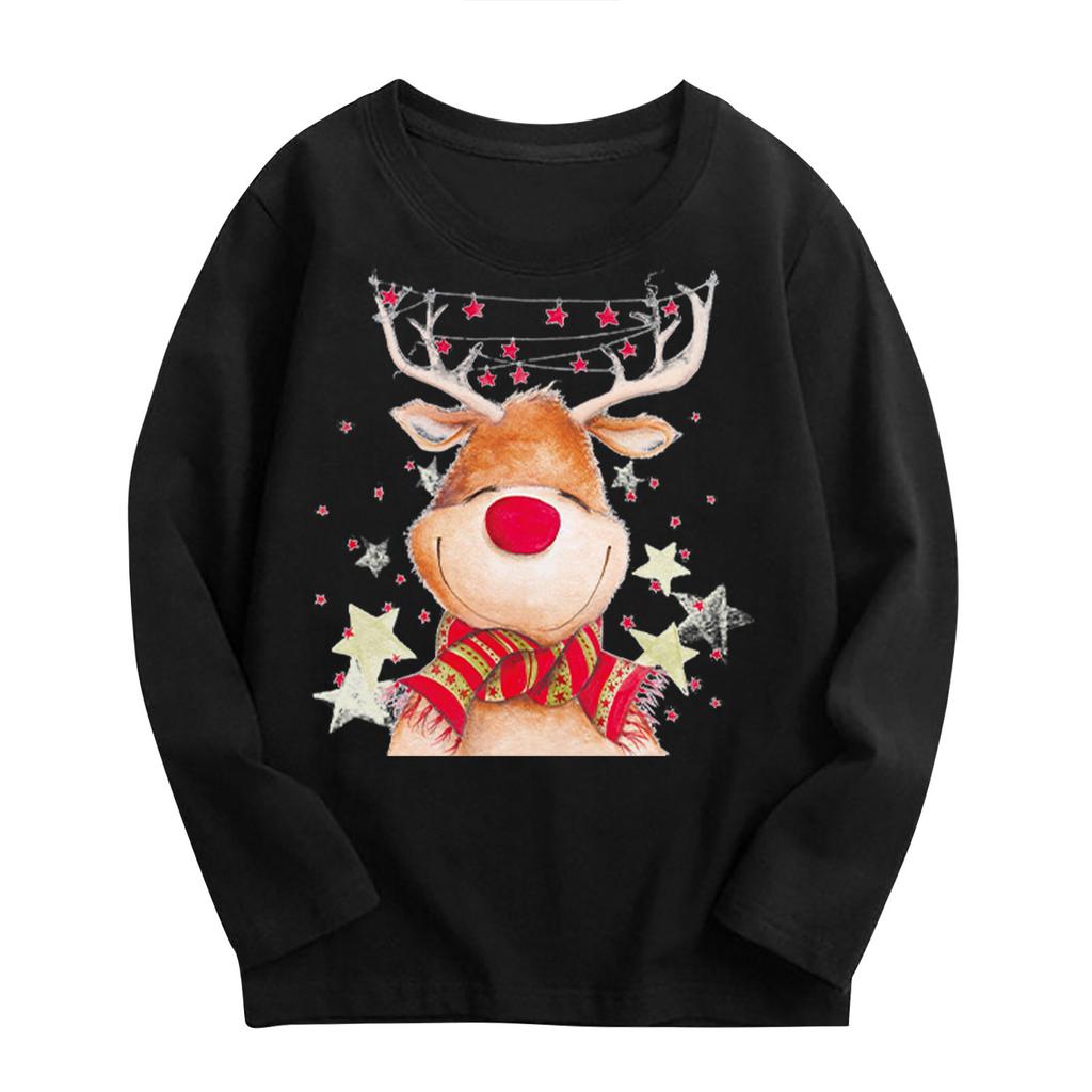 Kids Unisex Loose Long Sleeve Cotton Reindeer Cartoon Print Casual T Shirt