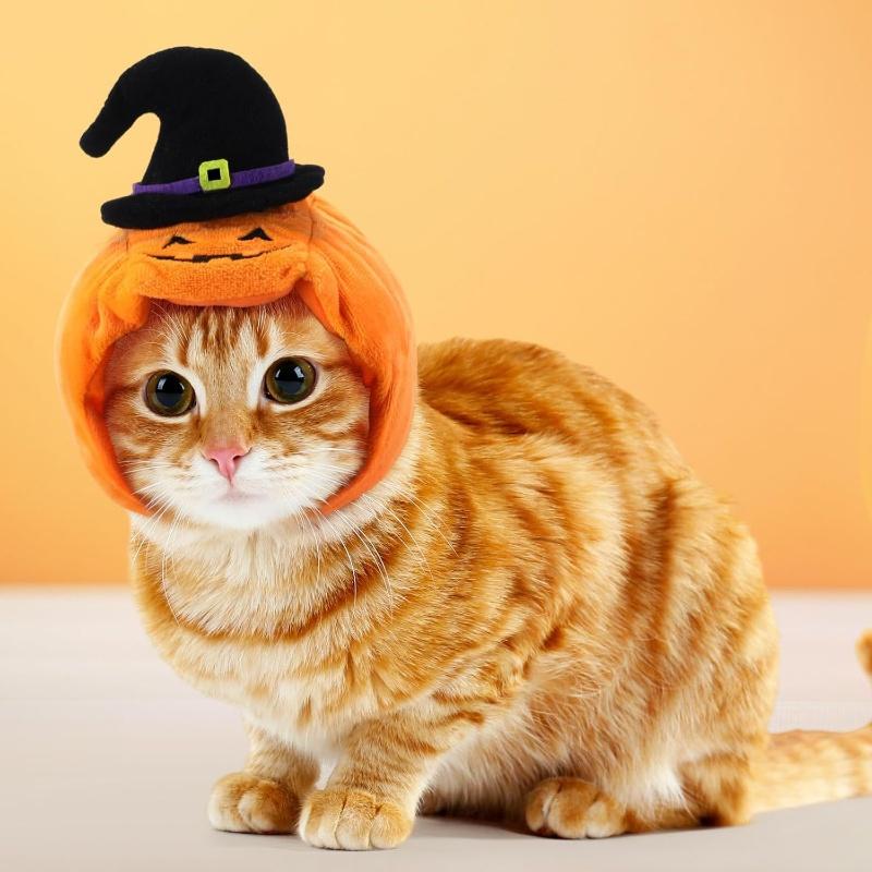 Halloween Cat Cap Pumpkin Plush Head Cover Cute Cat  Woven Warm Headdress Pet Hat Kitten  Cosplay Costume Accessories