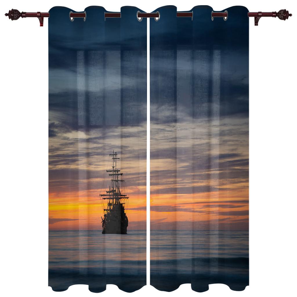 Sunset Sea Black Ship Window Curtain Modern European Style Curtains for Bedroom Living Room Backdrop Curtain