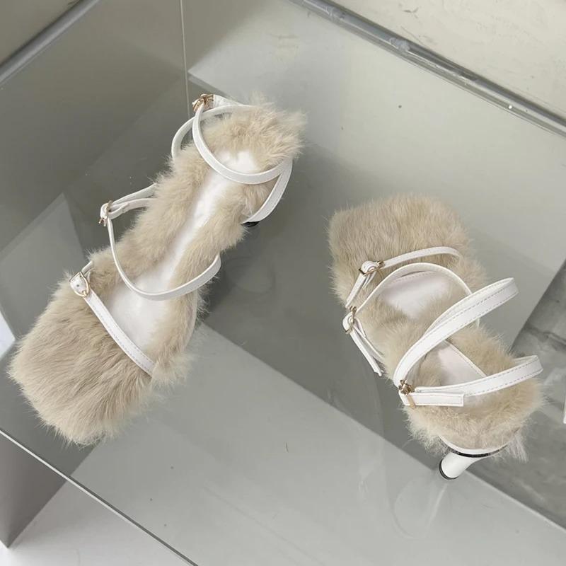 

Fashion 2026 New Brand Plush Fur Fuzzy Sandals Women Thin Heels Fashion Square Toe Ankle Lace Up Buckle Strap Slides Shoes 35 абрикосовый