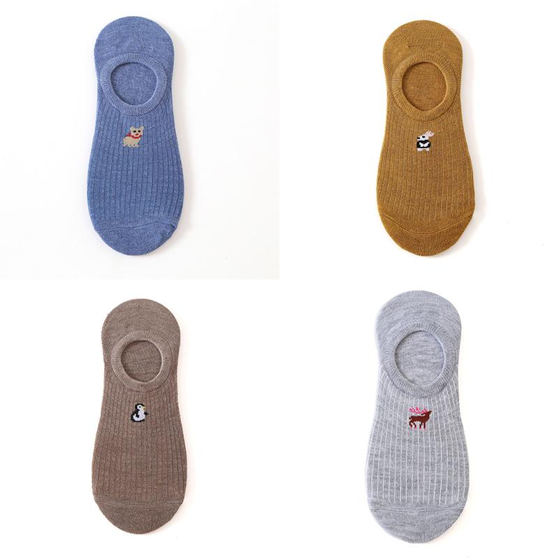 1/4 Pairs Women Cartoon Animal Pattern Invisible Socks Silicone Anti-slip Socks Boat Socks