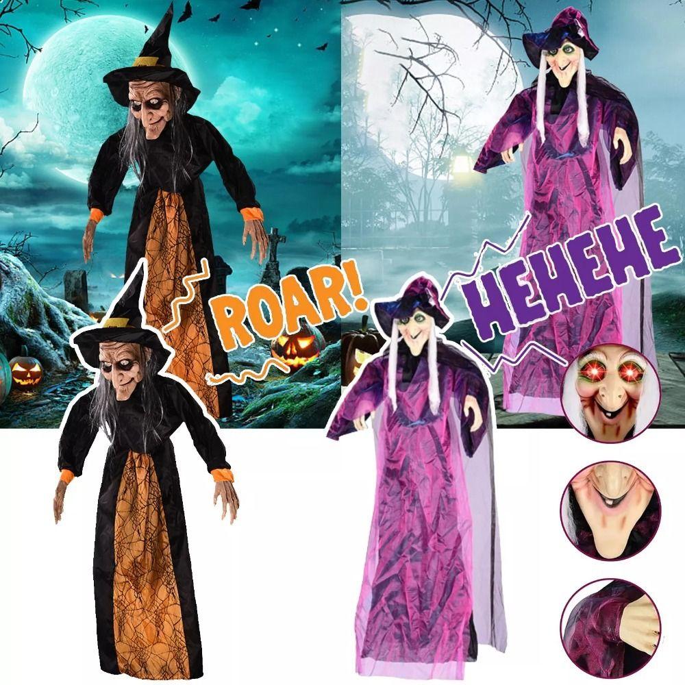 Fialová strašidelná animatronická čarodějnice Halloween Red Eye Animovaná čarodějnice Mluvící čarodějnice v životní velikosti