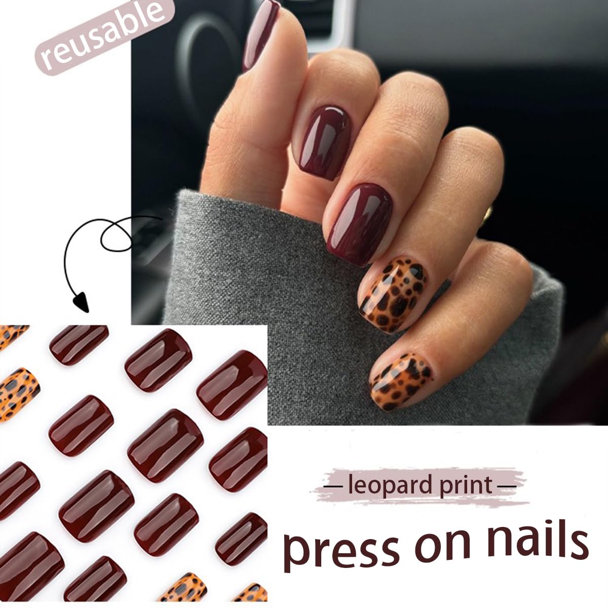 Short Press on Nails Square Fake Nails Leopard Print False Nails with Designs Wine Red Acrylic Nails Solid Color Glossy Glue on Nails Reusable Stick