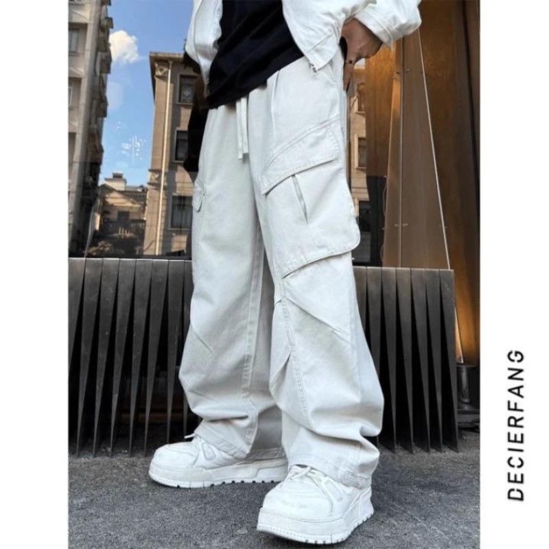 Брюки парашютисты мужские плиссированные многокарманные рабочие брюки осенние уличные свободные прямые широкие повседневные брюки M абрикосовый