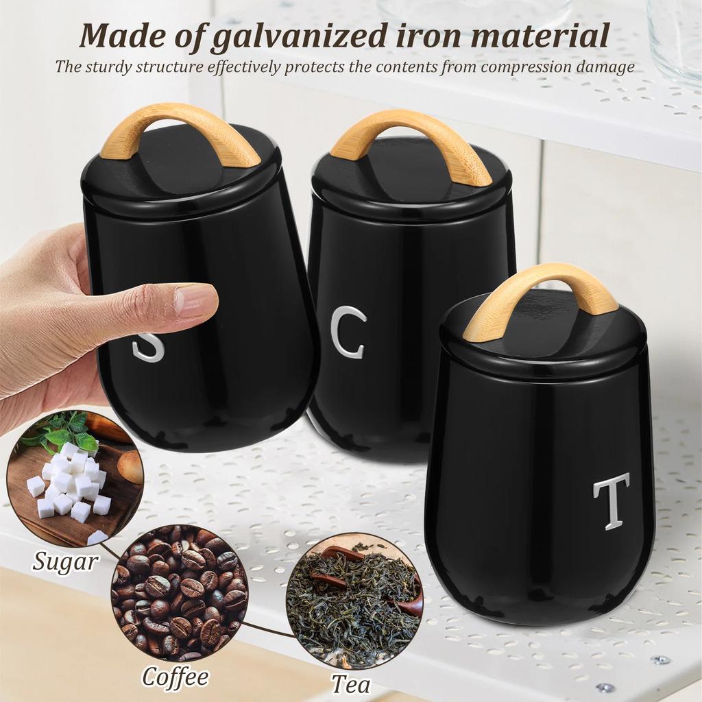 3 st köksförvaringsburkar Te Socker Kaffe Metallförseglade behållare Set med olika etiketter och bambuhandtag Matförvaringskorg