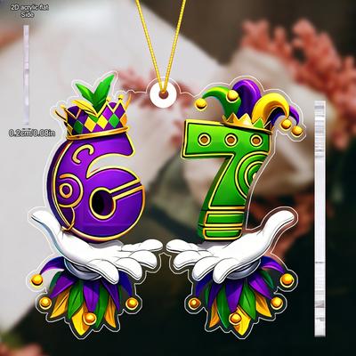 Acryl Mardi Gras Schmuckstück | Klassisches Muster mit lila und grünen Masken - Transparente Anhänger, Tropfen & Spitzen mit der Zahl 67 geformt - Ideal für Karneval