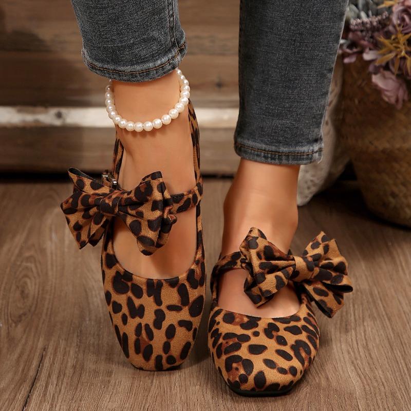 Fashion Square Toe Ballet Flats Women Buckle Casual Loafers Sweet Bow Comfortable Women's Shoes Autumn Leisure Leopard Women Flat Shoes
