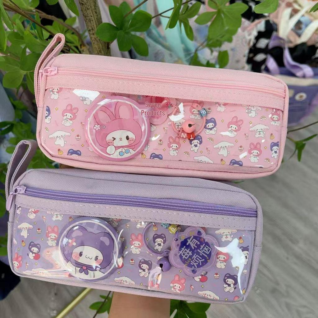 Stylish Double-Layer Canvas Pencil Case for Kids - Cute Badge Design, Large Capacity, Perfect for Primary Students