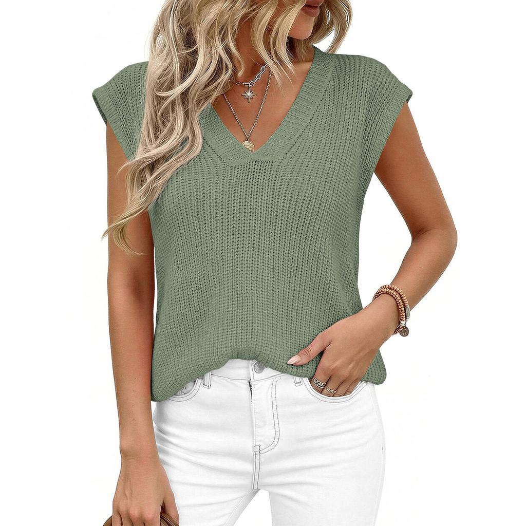 Women's Summer Fashionable Color V Neck Sleeveless Casual Thick Needle Sweater Vest Top