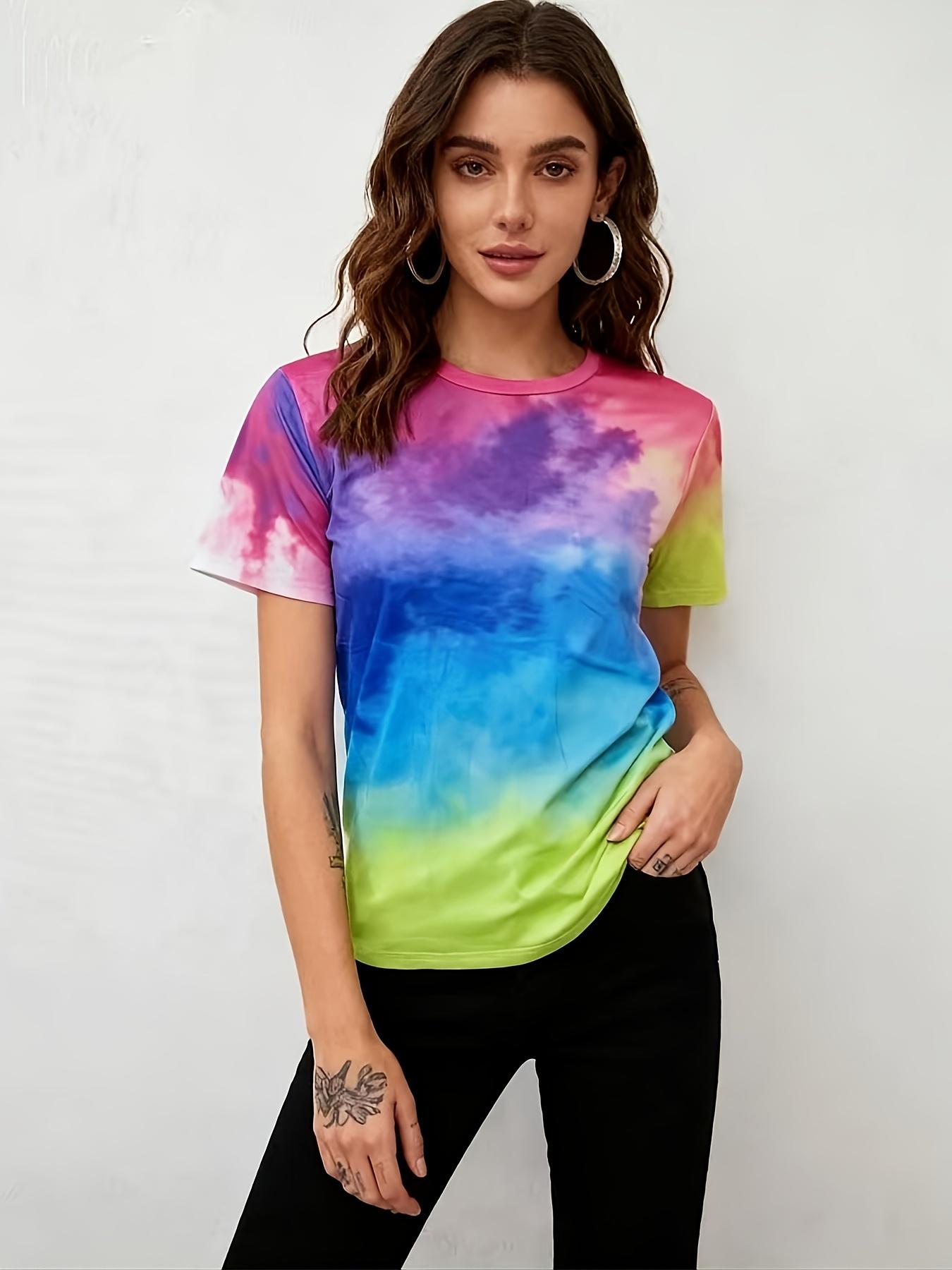 

European and American Style Elegant Women s Casual Short-sleeve Top in Pink and Purple Tie-dye Print with Contrasting Colors. Short-sleeve T-shirt. Sw 3XL