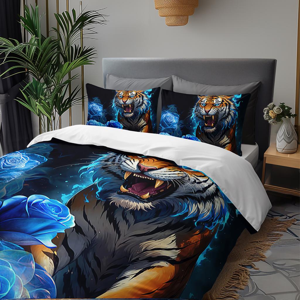 3pcs Fierce Tiger with Blue Roses Bedding Duvet Cover Set Blue Rose Tiger Bedding Quilt Set Animal Themed Bed Set Four Seasons