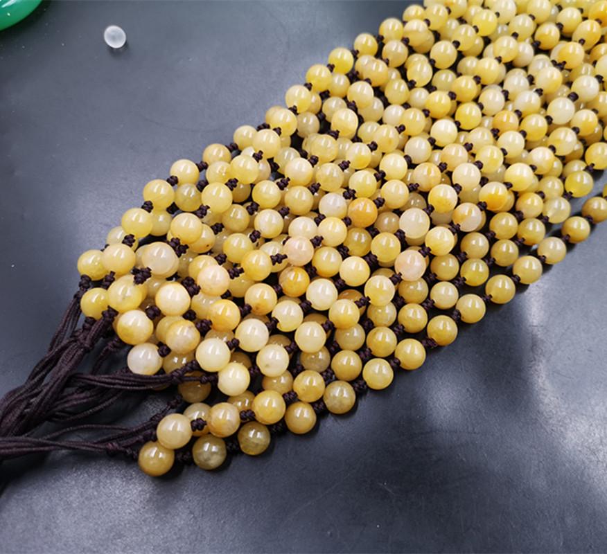 Yellow Jade Beads Necklace with 8mm Round Beads and Cord Chain Lanyard 6mm Bead Chain