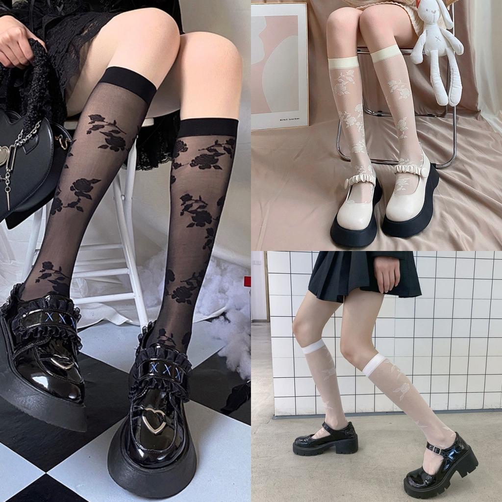Summer Thin Stockings Transparent Women'S Breathable Versatile Diamond Mid-Tube Socks Black Silk Knee Socks Thin Jk Calf Socks