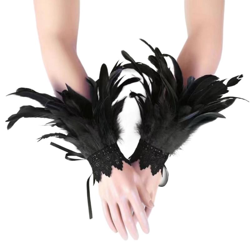 Bridal Wrist Cuffswith Feather Bride Feathered Flower Elaborate Long Bachelorette Party Dark Lacework Bride Gloves