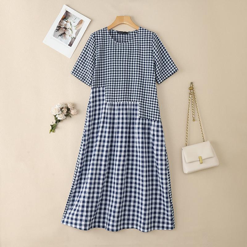 ZANZEA Women Plaid Print Summer Casual O-neck Half Sleeve Long Dress