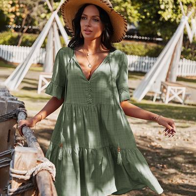 Solid Ruffles Women Dress  Casual V-neck Butterfly Sleeve Mini Dresses for Women Holiday Vintage Dress