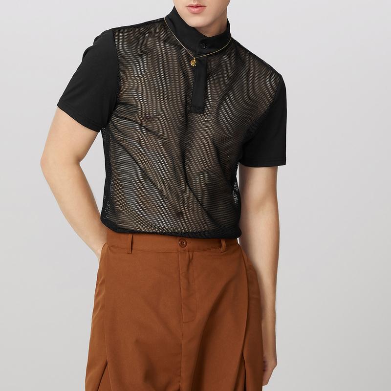 

INCERUN Мужские футболки с коротким рукавом, воротником-стойкой, ажурной вставкой и пэчворком из тесьмы XL чёрный