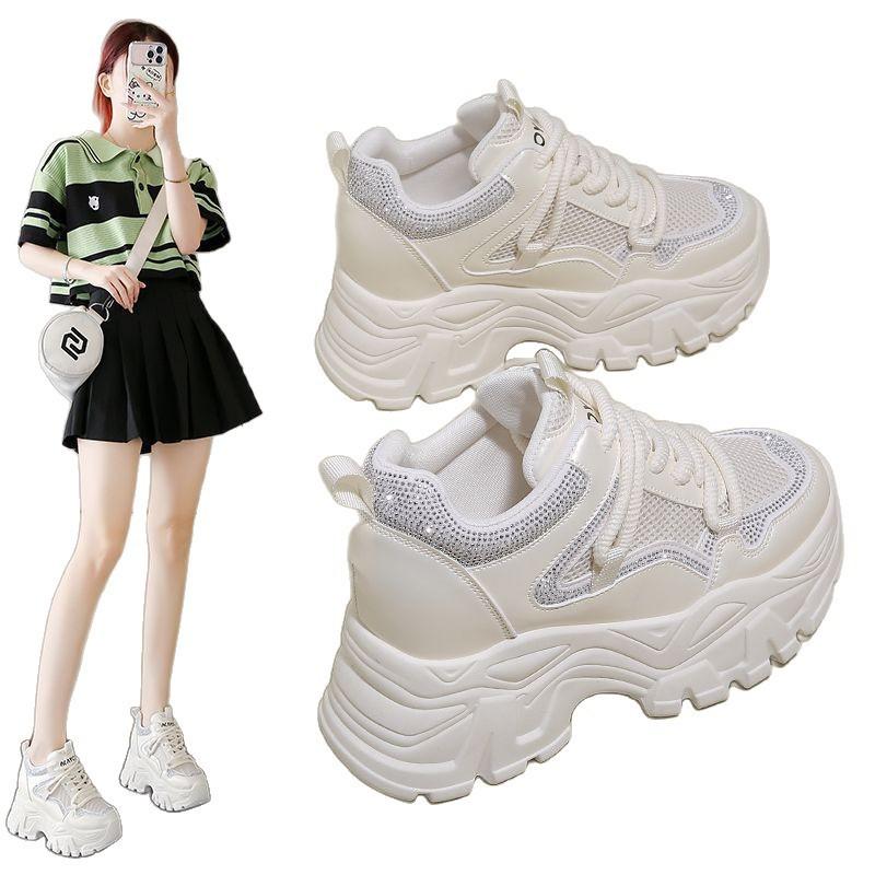 Inner Heightening Dad Shoes Women's Casual Mesh Sneakers Women's Shoes 2025 Thick-soled Breathable Autumn New Bright Diamonds