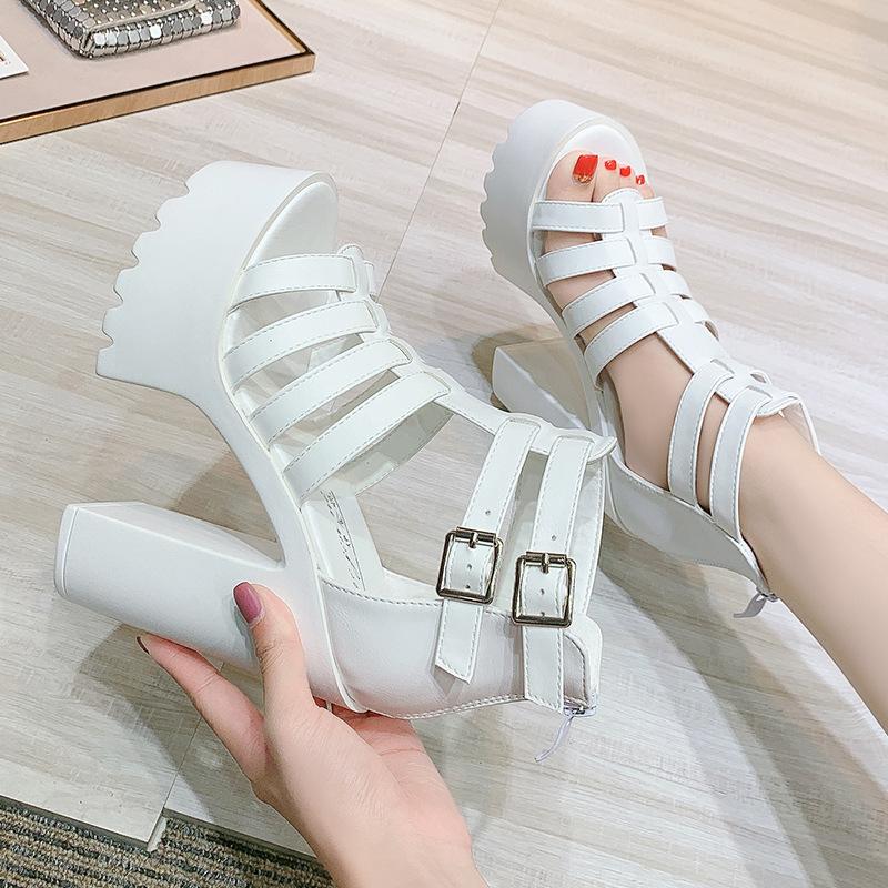 Fashion 14CM Goth Platform Block Heels Buckle Decor Black Women Sandals Ankle Strap Open Toe Summer Party Vintage Prom Shoes Pumps