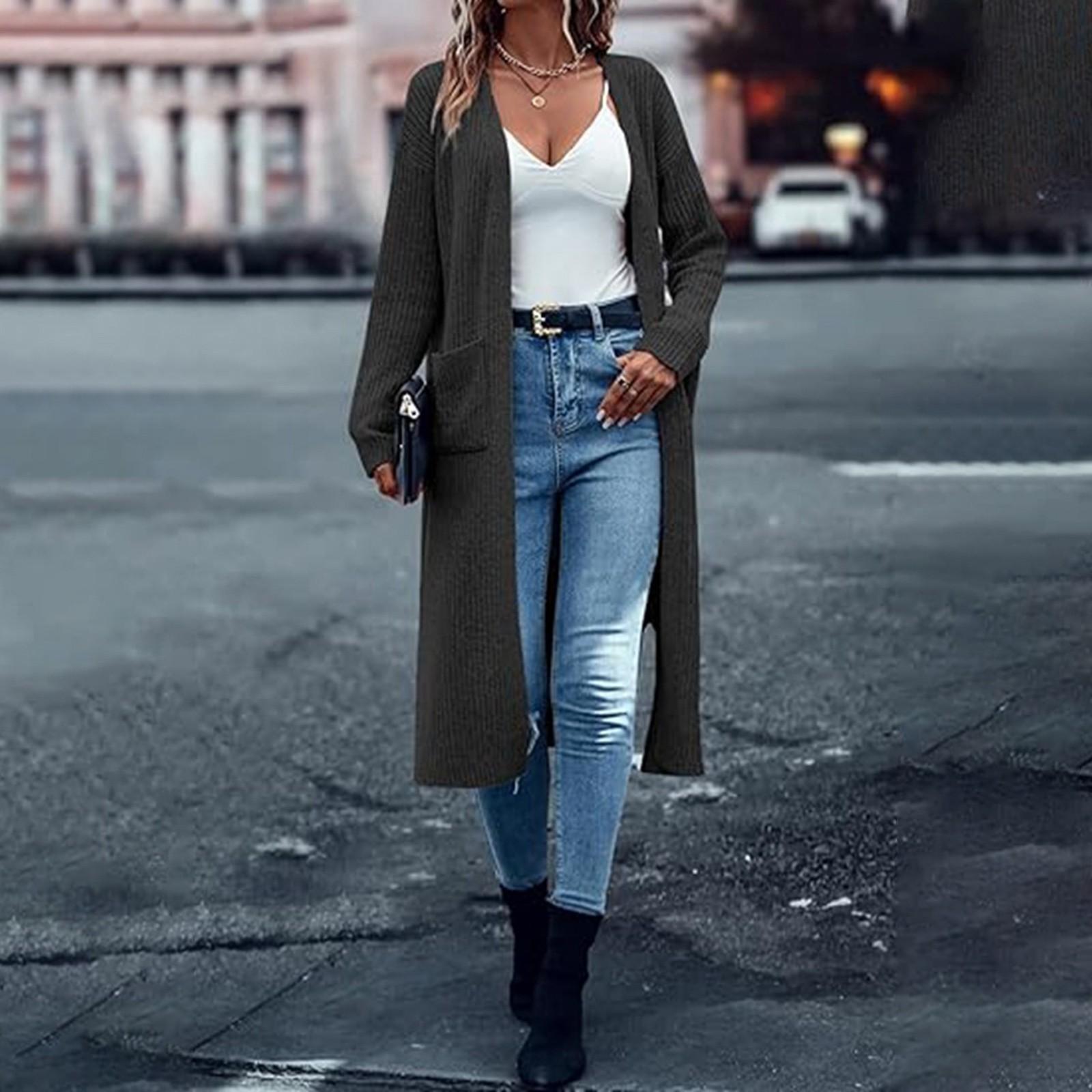 

Вязаный кардиган с карманами, длинный однотонный женский свободный свитер XXXL