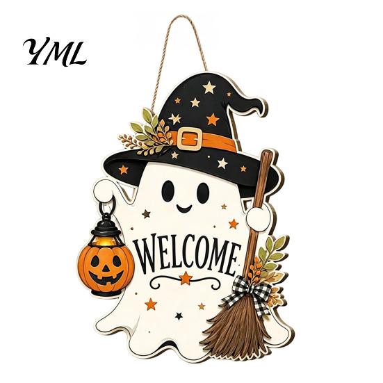 Hanging Door Sign Halloween Wooden Ghost Welcome for Front Door, Rustic Cartoon Hanger Plaque with Pumpkin Wizard Hat And Broom Holiday Party