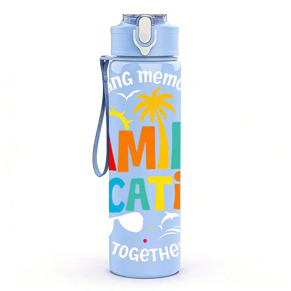 1PC Family Vacation Color Letter Graphic 750ml Color Plastic Water Bottle Leakproof Flip Straw Lid For Sports Office Home Use