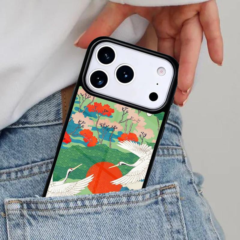 

Carp Waves Crane and Brocade Pattern Phone Case for iPhone 16e 15 14 13 12 17 Pro Max Plus Air 17pro Cover Coque iPhone 12 Pro