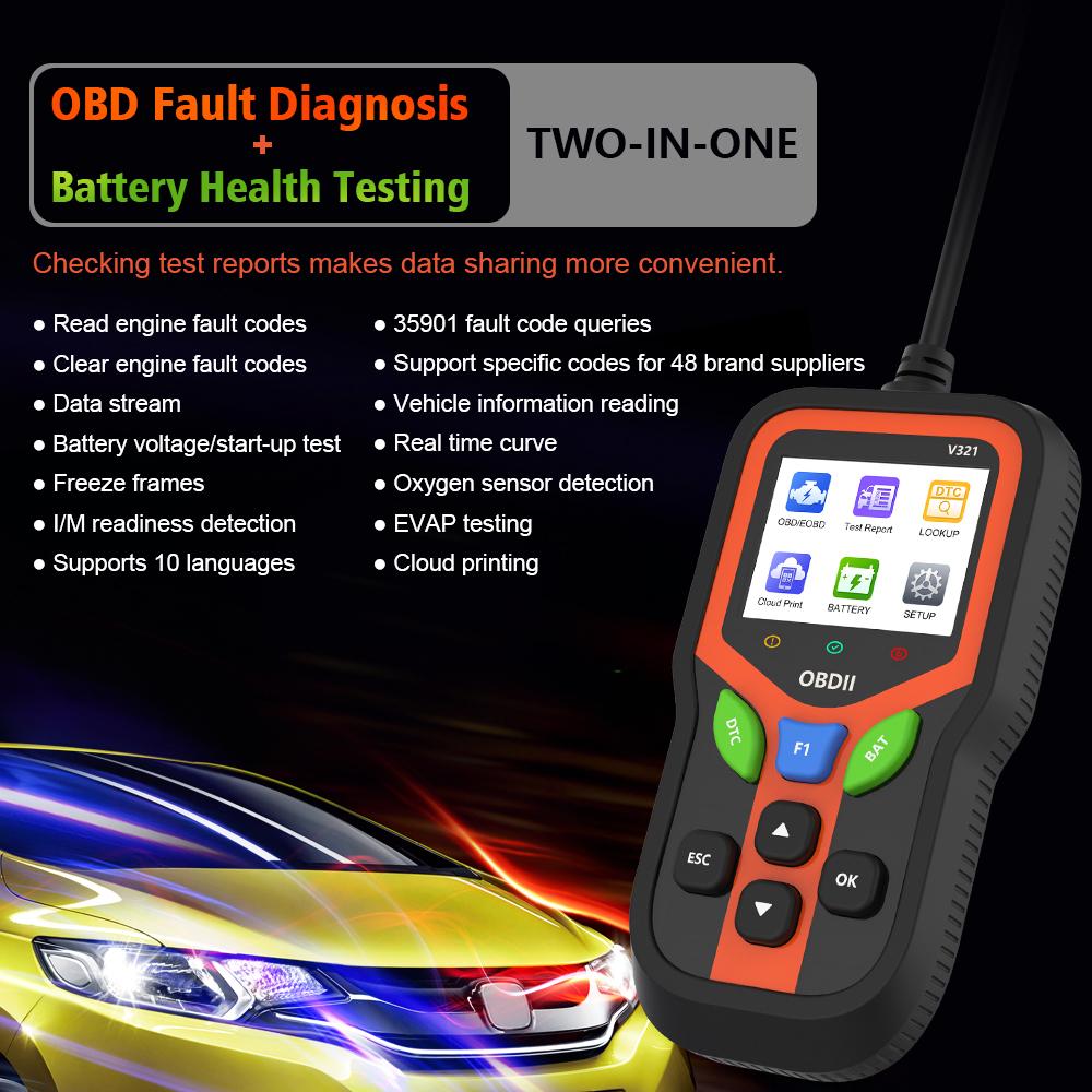 Code Reader V321 Battery Tester Fault Code Clear OBD II Scanner Car OBD2 Diagnostic Tools Check Engine System Universal