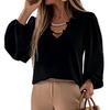 Women Blouse Hollow Out Chain V Neck Polyester Long Sleeve Solid Color Blouse Top Shirt  2XL Women's Clothing