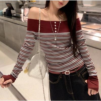 Temperament Contrast Striped Long-sleeved T-shirt for Women Spring New Slim Design One-shoulder Top