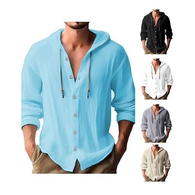 Men's Summer Linen Shirt Solid Streetwear Long Sleeve Hoodie Cardigan Clothing for Men Button Tops Casual Loose Men Hooded Shirt