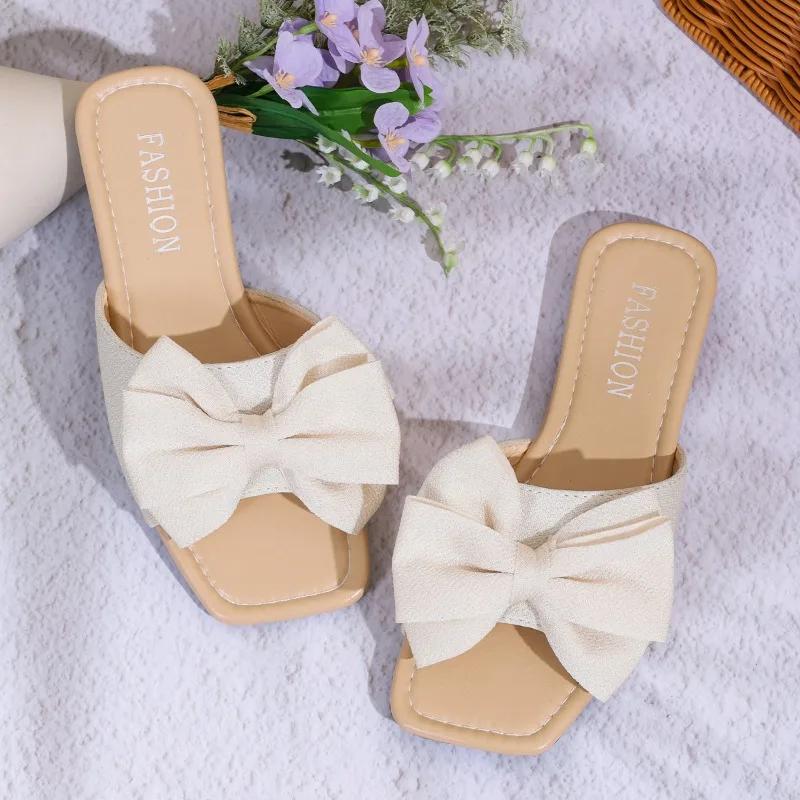 

Fashion PU Low Heel Flat with Modern Slippers Summer Butterfly-knot Women s Shoes on Sale 2025 New Solid Pull on Casual Women s Slippers 36