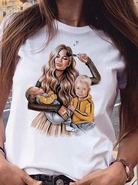 Women T Shirt Cartoon Mom Daughter Son Print Lady Tshirts Short Sleeve Tops Womens Kawaii Graphic Female Tshirt Clothe