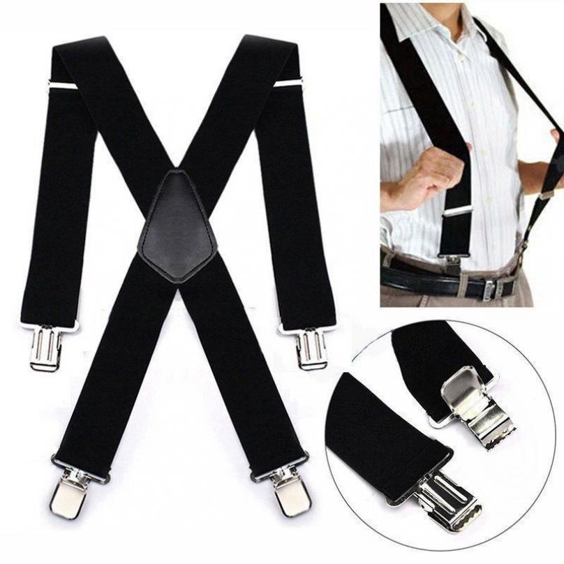 Mens Elastic Leather Suspenders Wide Suit Office Adjustable Braces Clip Holdup