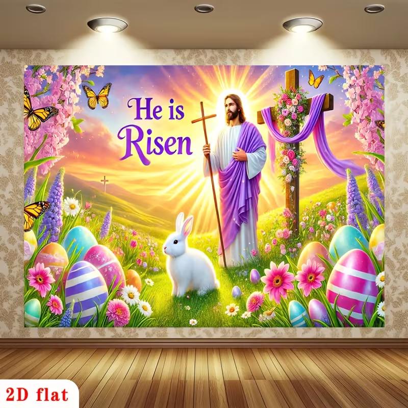 2D Christian Easter Backdrop Jesus Cross Floral & Eggs Party Banner