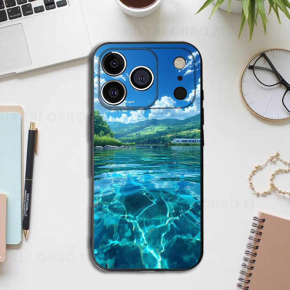 

Landscape Black Phone Case For IPhone 17 16 15 14 13 12 13 12 11 Pro Max Plus XS XR Silicone Soft Back Cover iPhone12mini